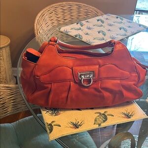 Orange Leather Shoulder Bag with Silver Hardware